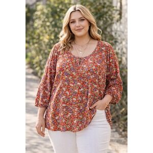 Agnes Orinda Women 3X Red Floral Babydoll Blouse 3/4 Sleeve Notched Neck Tunic